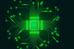 CPU chip with bright connections. Green microprocessor. Abstract light technological backdrop. Glowing motherboard elements. Vector illustration.