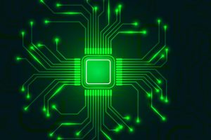 CPU chip with bright connections. Green microprocessor. Abstract light technological backdrop. Glowing motherboard elements. Vector illustration CPU chip with bright connections. Green microprocessor. Abstract light technological backdrop. Glowing motherboard elements. Vector illustration.